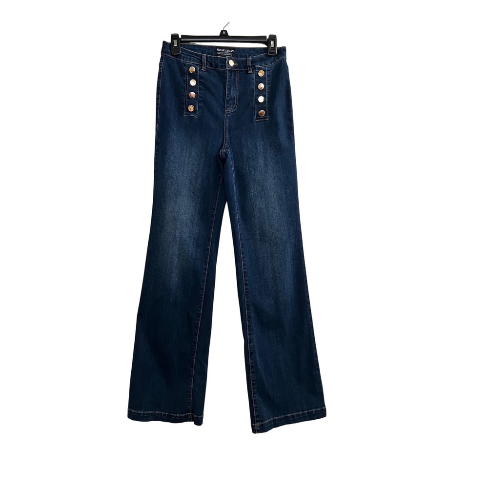 Frank Lyman Montreal Womens Blue Wide Leg Sailor Jeans Gold Buttons Size M
